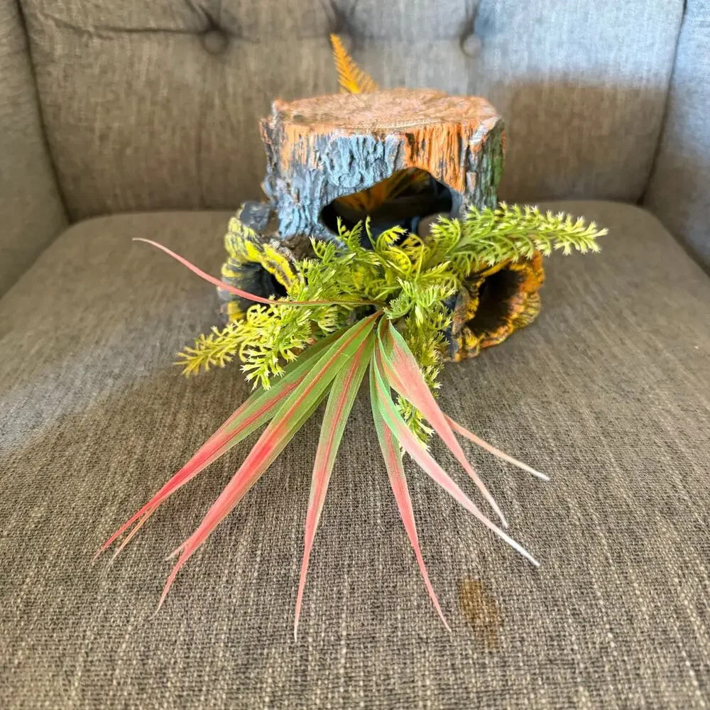 Aquarium Tree Stump Hideout Ornament Fish Tank Decor With Artificial Plants